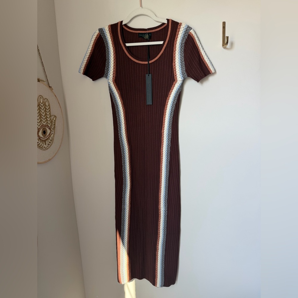brown short sleeve Stitched trim Midi Dress
